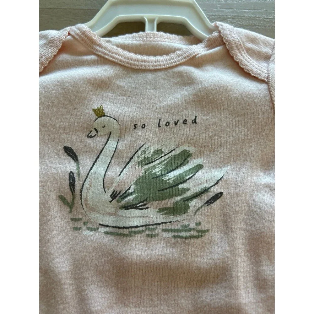 Carter's 3 M baby girl pink swan onesie and green pants set